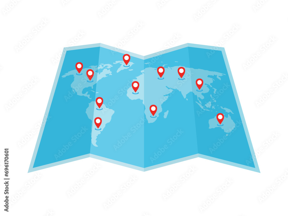 3D Abstract world map with red location pin mark or GPS navigation icon ...