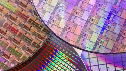 Sticker - Silicon wafer with microchips after photolithography etching manufacturing used in fabrication of electronic integrated circuits.