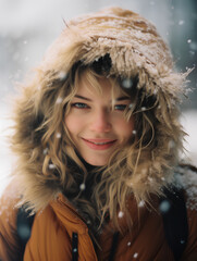 Canvas Print - a beautiful woman smiling in a winter blizzard. generative AI