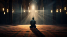 Muslim Man Praying In Mosque, Ramadan Kareem Concept, Islamic Background, Generative AI