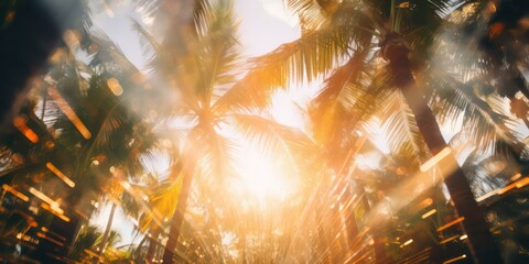 Wall Mural - Amidst the palm trees with sunlights shimmering and creating a defocused blur effect