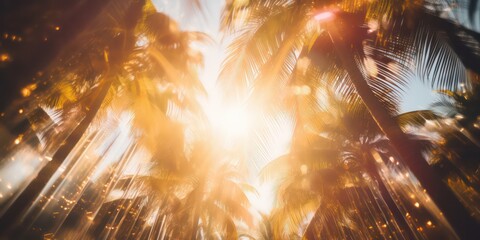 Wall Mural - Amidst the palm trees with sunlights shimmering and creating a defocused blur effect