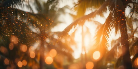 Wall Mural - Amidst the palm trees with sunlights shimmering and creating a defocused blur effect