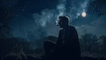 A Young Man Smokes At Night To Relax And Find A Solution