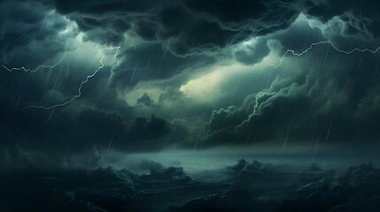 Wall Mural - Black dark greenish blue dramatic night sky. Gloomy ominous storm rain clouds background. Cloudy thunderstorm hurricane wind lightning with a light house in the background. Epic fantasy mystic. 