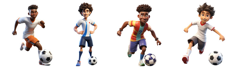 Set of 3D cartoon character young man playing soccer ball in action sport athletes player, Full body isolated on white and transparent background	