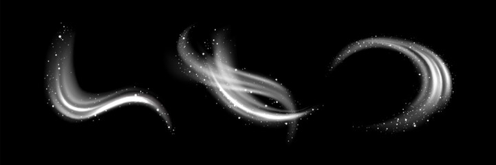 Wall Mural - white light waved and circular neon elements with swoosh effect and round snowflakes or sparkles. re