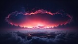 Fototapeta  - Abstract neon light cloud formation. Sphere in the sky over sunset landscape. Glowing aura circle in the sky. Cloudscape weather storm.