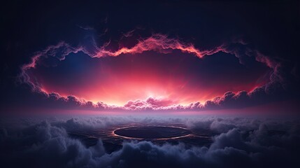 Wall Mural - abstract neon light cloud formation. sphere in the sky over sunset landscape. glowing aura circle in