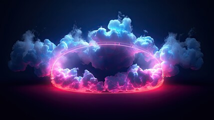 Wall Mural - abstract neon light cloud formation. sphere in the sky over sunset landscape. glowing aura circle in