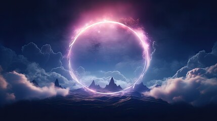 Wall Mural - abstract neon light cloud formation. sphere in the sky over sunset landscape. glowing aura circle in