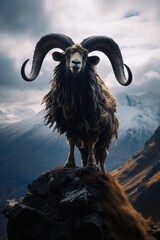 A ram with long horns standing on top of a mountain. Generative AI.