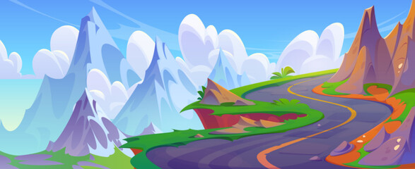 Wall Mural - Winding mountain road with warning sign. Vector cartoon illustration of rocky landscape with green grass and fir trees in valley, stones along dangerous curvy highway, birds flying in cloudy sky