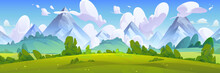 Summer Natural Landscape With Green Grass, Bushes And Trees On Meadow In Foot Of High Mountains. Cartoon Vector Panoramic Scenery With Grassland Near Hills, Blue Sky With Clouds. Countryside Scene.