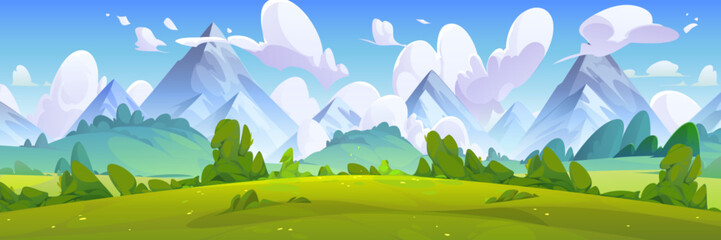 summer natural landscape with green grass, bushes and trees on meadow in foot of high mountains. car