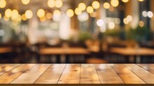 The Empty Wooden Table Top With Blur Background Of Restaurant. Exuberant Image. Generative AI