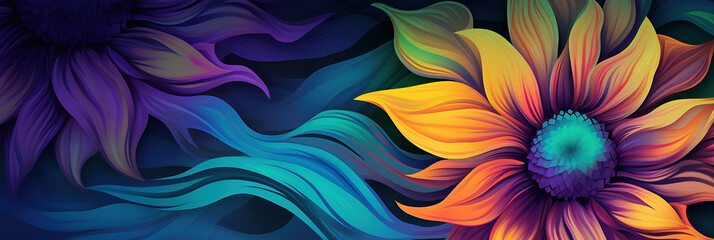 banner header of sunflowers in bright orange and purple blue.