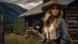 Woman of the wild west in front of a remote wooden cabin and american landscape