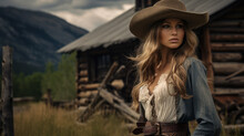Woman Of The Wild West In Front Of A Remote Wooden Cabin And American Landscape