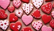 Decorated heart shaped cookies on pink background, top view