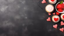 Valentines Day Concept, Delicious Cupcake With Heart On Top With Strawberries  On Dark Background With Copy Space