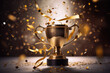 © Kateryna - Hampionship cup or winner trophy in golden and silver shiny chrome with celebration confetti and ribbon decoration