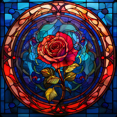 Sticker - Stained glass painting with beautiful flower , ai generated