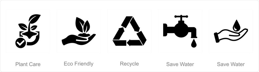 A set of 5 mix icons as plant care, eco friendly, recycle