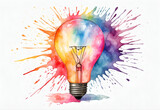 Hand drawn light bulb with watercolor colorful splash background