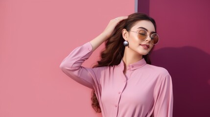 Wall Mural - Attractive woman in a pink shirt, touching her hair and glasses A fictional character created by Generated AI. 