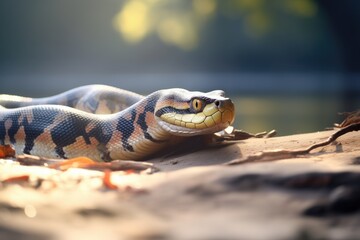 Poster - anaconda basking on a sunlit riverbank