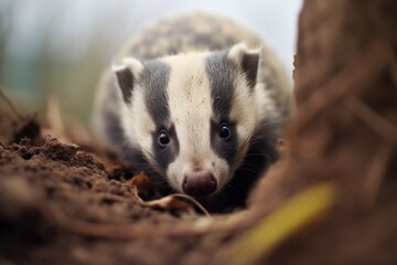 Wall Mural - badger peeking from burrow hole