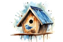 Birdhouse With Bluebird Perched On The Roof