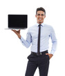 © M Moller/peopleimages.com - Portrait, business man and promotion on laptop screen in studio for deal, offer and sign up to newsletter on white background. Happy worker advertising information, mockup space or launch on computer