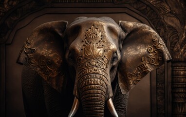 Canvas Print - An elephant with ornate designs on its head. Generative AI.