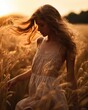 A woman in a dress is walking through a field of wheat. Generative AI.
