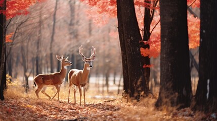 Canvas Print - Two deer in the woods during fall. Generative AI.