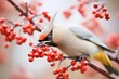 waxwing tugging on ripe cluster of mountain ash berries