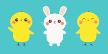Chicken Bird, Bunny Set Line Banner. White Rabbit Chick Head. Egg Shape. Happy Easter. Cute Cartoon Kawaii Baby Character. Funny Face With Pink Cheeks. Farm Animal. Blue Background. Flat Design