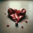 A deflated red heart-shaped balloon lies on a concrete floor, surrounded by scattered petals and glitter, generative  ai

