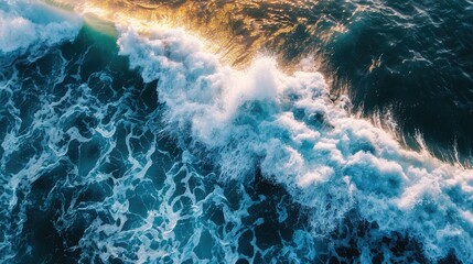 Wall Mural - Spectacular aerial top view background photo of ocean sea water white wave splashing in the deep sea