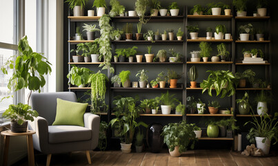 Stylish composition of home garden interior filled a lot of beautiful plants in different design pots. Green wall paneling. Home gardening concept Home jungle.