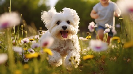 Portrait of a cheerful happy dog playing with its owner outdoors in the spring. Active family walks in nature in spring and summer