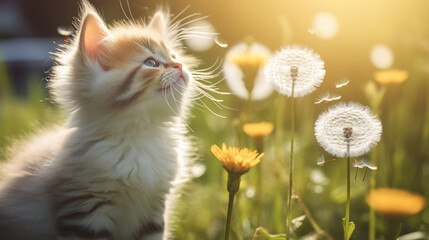  A small fluffy funny kitten enjoys on a spring summer meadow among dandelion flowers. Postcard banner spring time