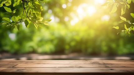 Wall Mural - Empty wooden tabletop on blurred abstract green foliage background from garden on sunny background. Montage or design product background