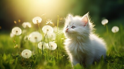  A small fluffy funny kitten enjoys on a spring summer meadow among dandelion flowers. Postcard banner spring time