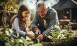 © Irina - Grandfather with grandaughter gardening in the backyard garden.