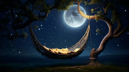 Wall Mural - The big moon and the crescent shape hammock under the tree on a dark moonlight