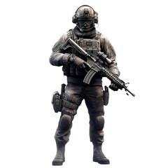 a soldier with a gun and helmet on a transparent background