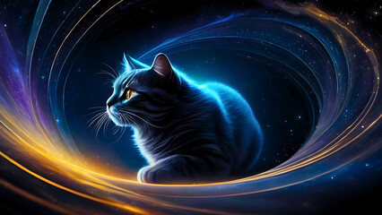 Abstract background of cat sitting in cosmic with glowing blue orange lines and beautiful starry galaxy. Fantasy illustration for design, artwork, wallpaper, template, backdrop
